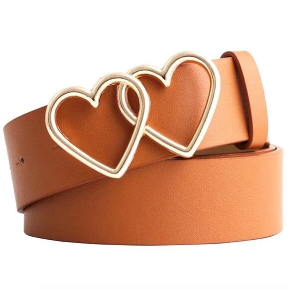 Belt Vegan Leather Camel Tan NEW 27"-35" Gold Tone Double Heart Total 40" - Picture 1 of 9
